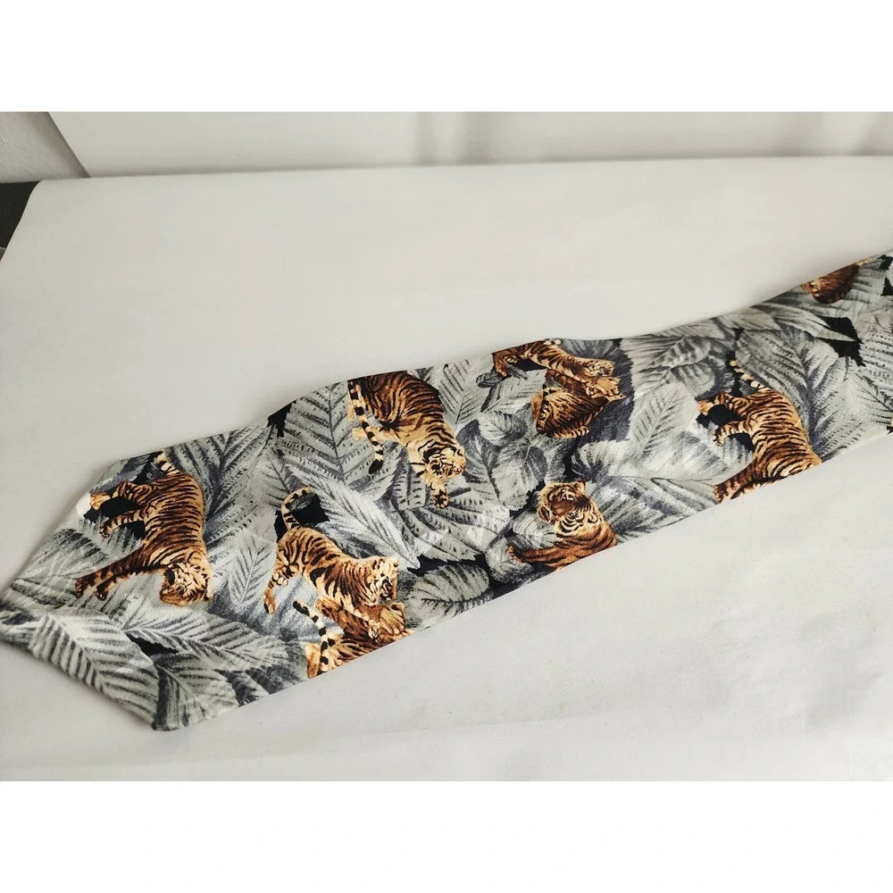 Endangered Species Tiger Silk Tie Mens Jungle Leaf Animal Print Grey Orange USA
